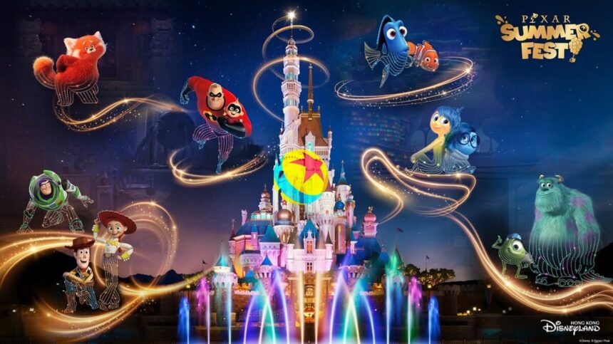 Pixar Summer Fest promotional art for Hong Kong Disneyland showing Pixar characters around the castle at night