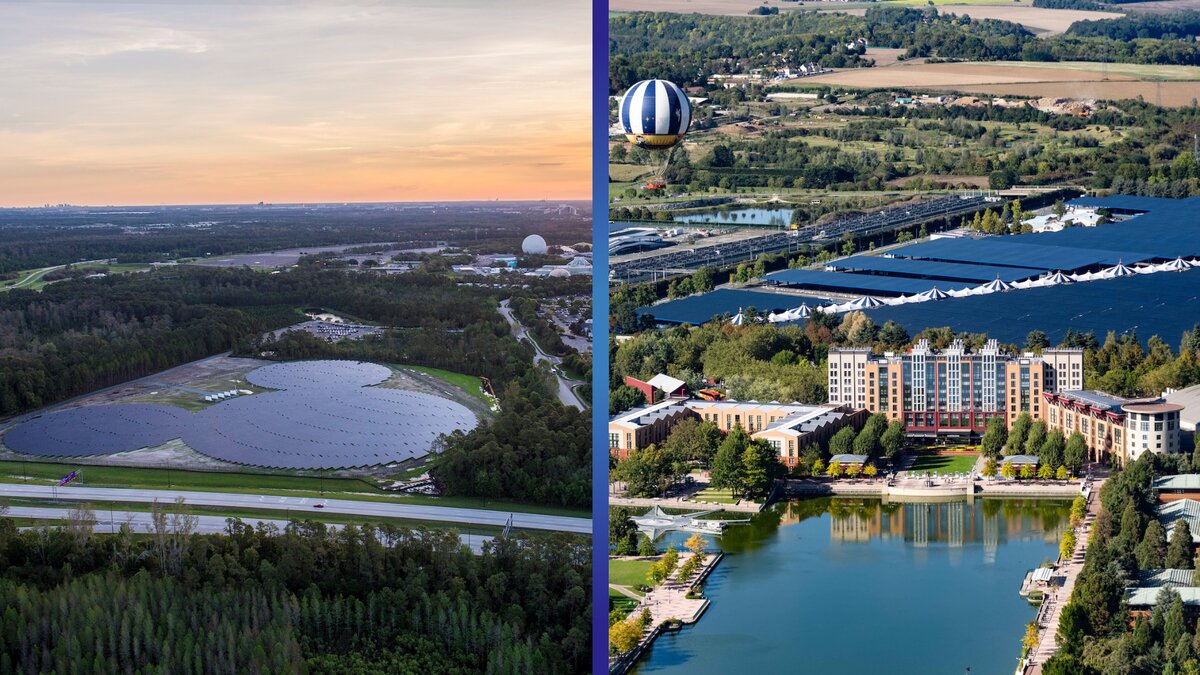 Graphic showing Disney solar power projects around the world including Walt Disney World and Disneyland Paris