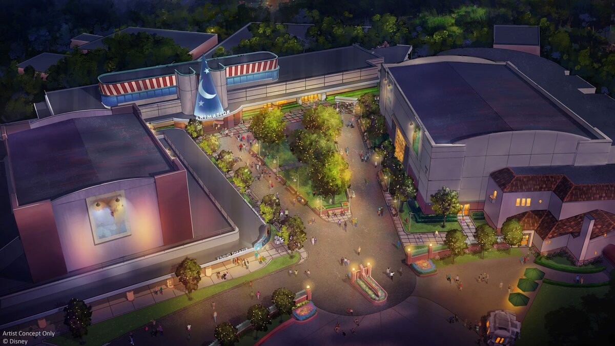 Artist concept of Animation Courtyard with Mickey's Sorcerer Hat on The Magic of Disney Animation facade