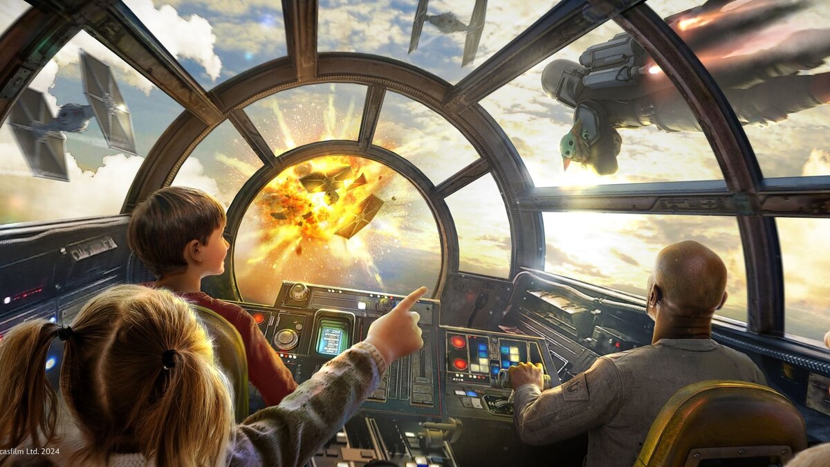 Guests inside the Millennium Falcon cockpit with Grogu visible during the new Smugglers Run mission