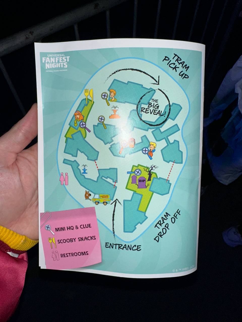 Scooby-Doo x Universal Monsters map showing mini HQ and clue locations, team pickup, team dropoff, and the big reveal at Universal Fan Fest Nights