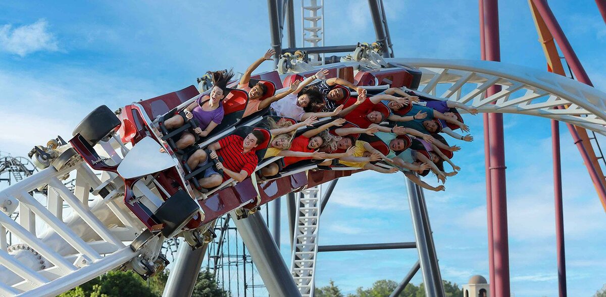 Guests riding a roller coaster at Six Flags Great America