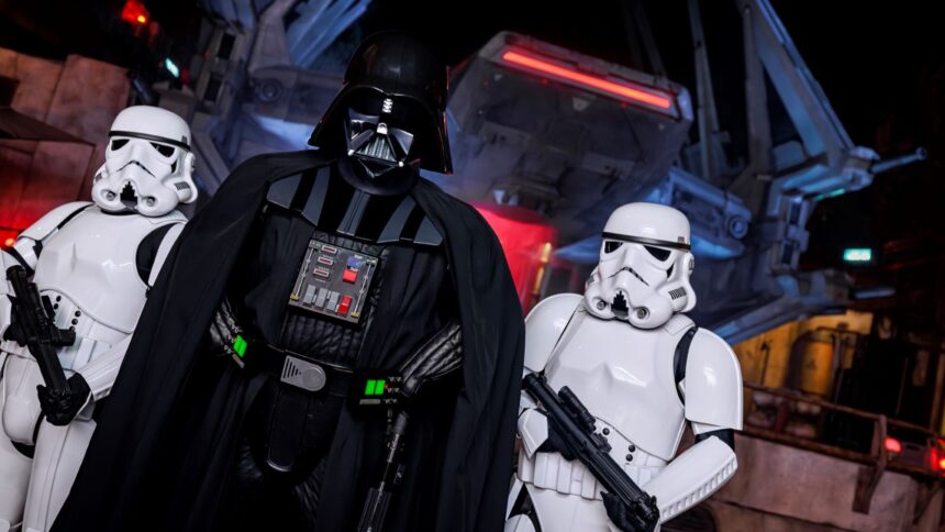 Darth Vader with Imperial stormtroopers in official Disneyland Galaxy's Edge artwork