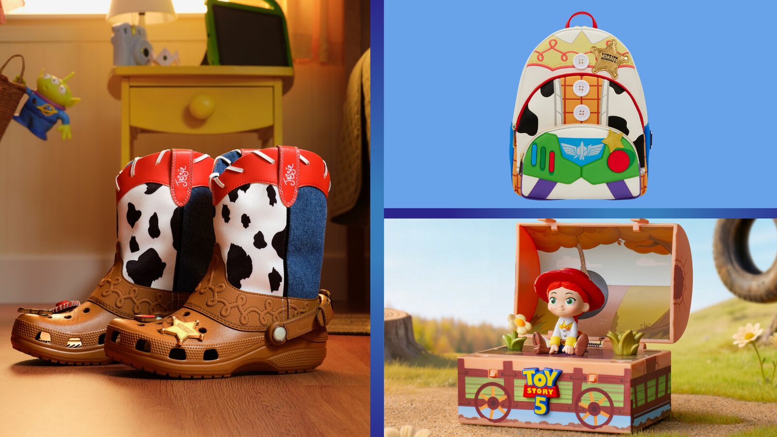 Toy Story 5 themed merchandise including Crocs a backpack and a Jessie collectible