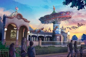 Artist concept of Wilderness Explorers Sky Swings, the new Up-inspired family attraction announced for Disney Adventure World at Disneyland Paris