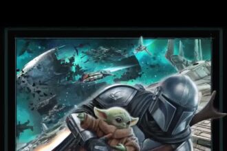 New Millennium Falcon Smugglers Run poster featuring the Mandalorian and Grogu