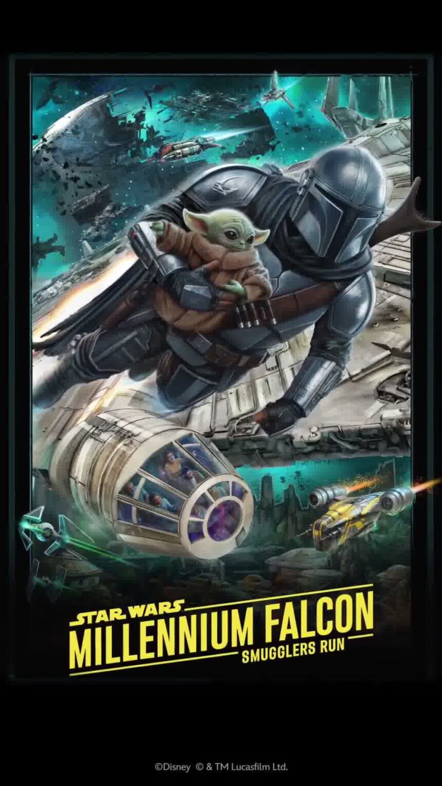New Millennium Falcon Smugglers Run poster featuring the Mandalorian and Grogu