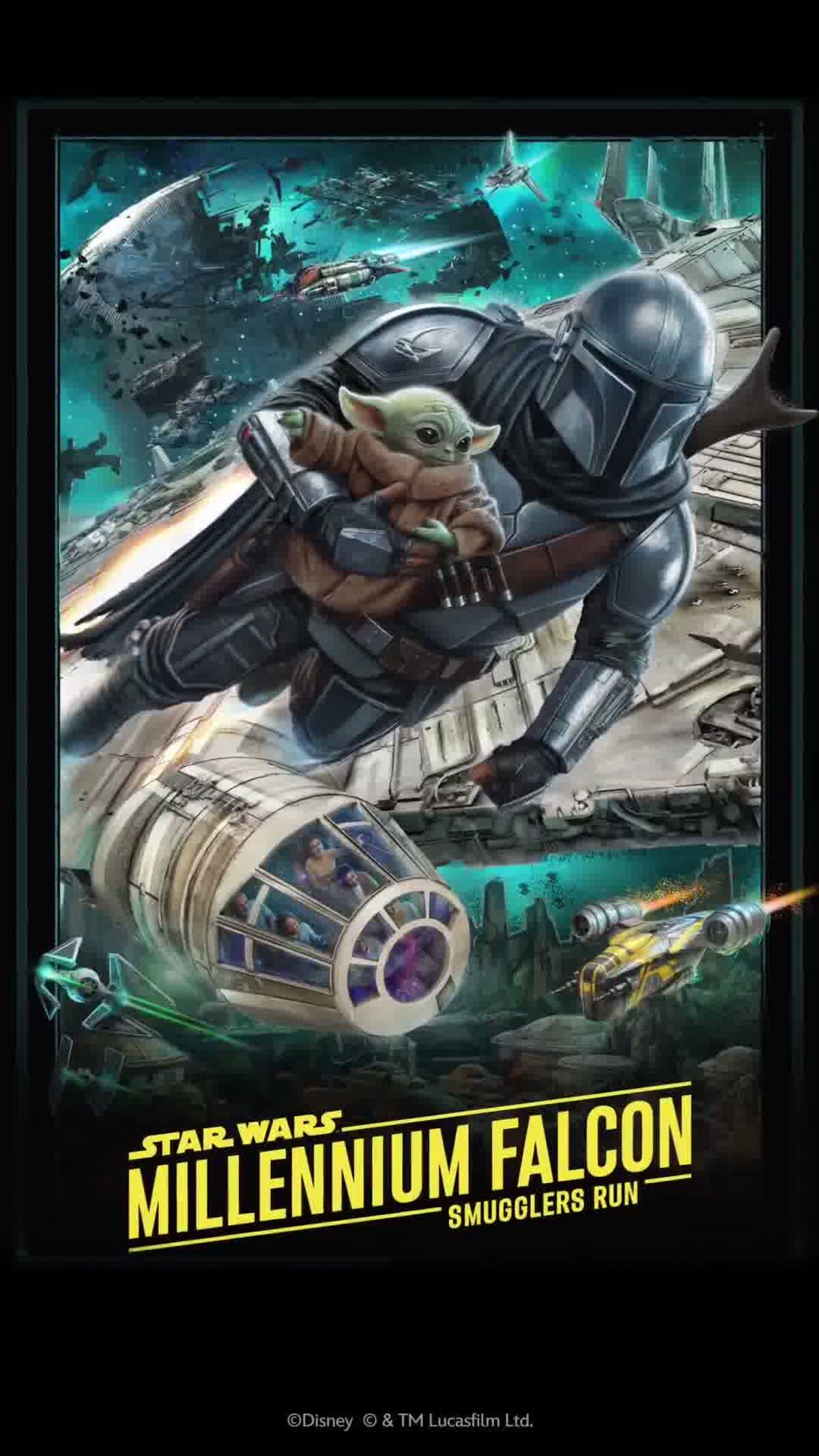 New Millennium Falcon Smugglers Run poster featuring the Mandalorian and Grogu