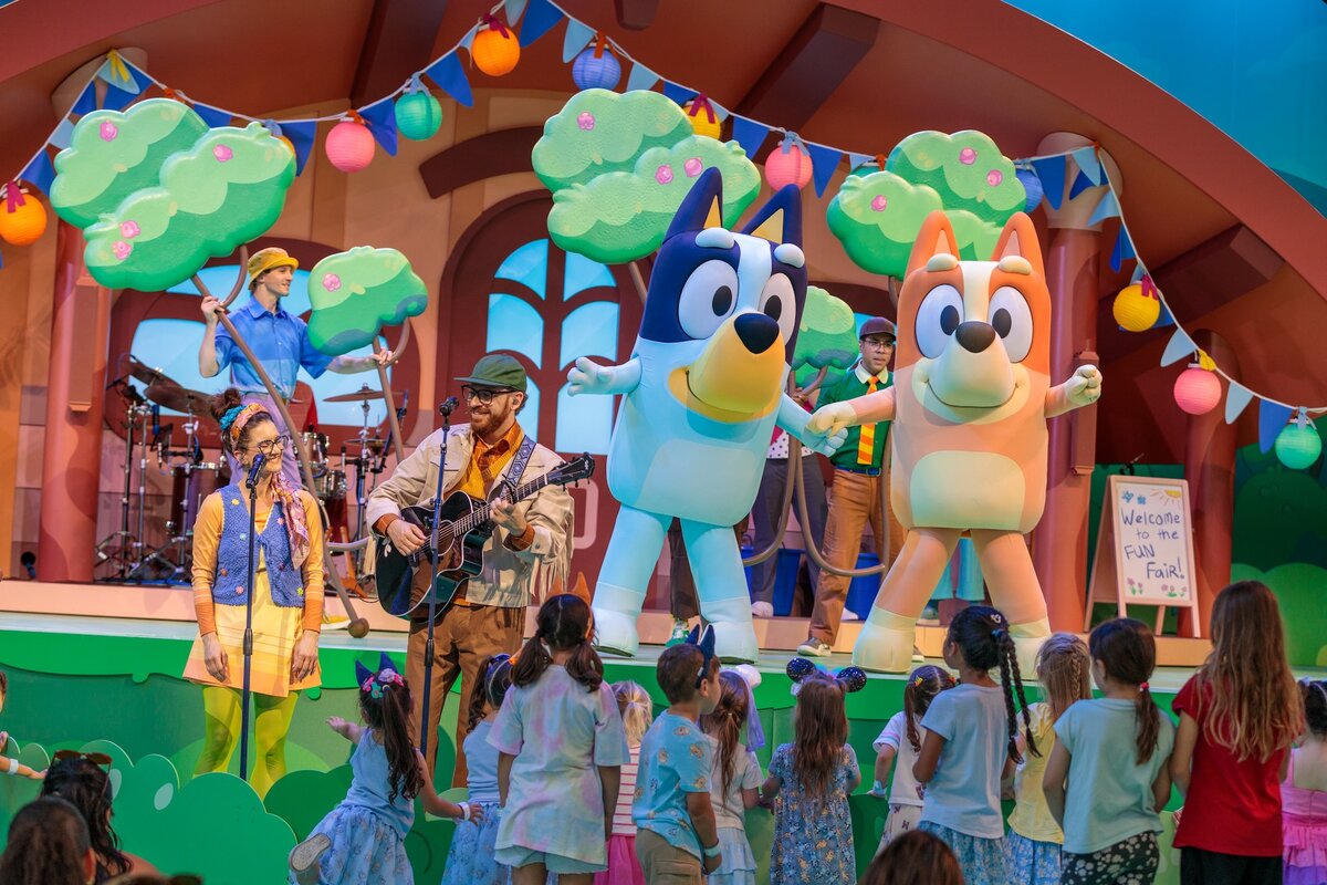 Bluey and Bingo at Bluey’s Best Day Ever at Disneyland park