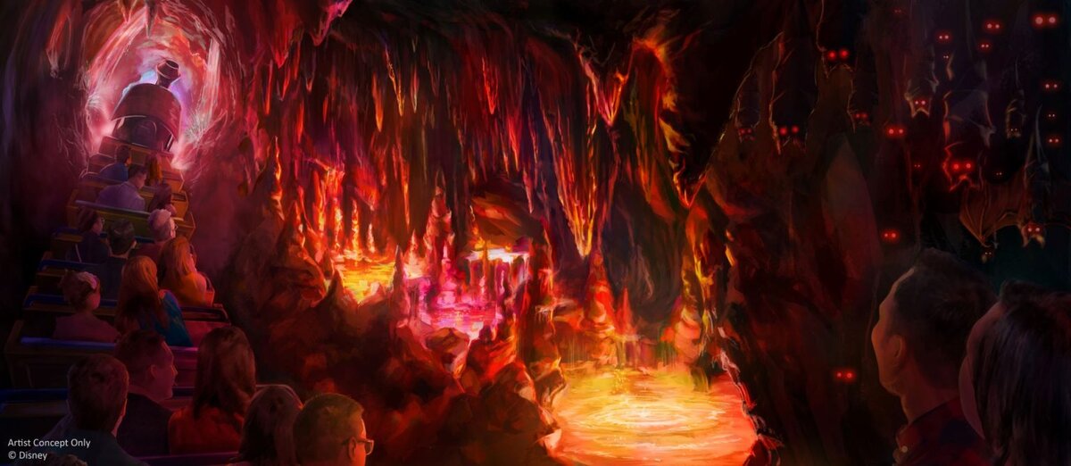 Concept art showing the Rainbow Caverns scene inside Big Thunder Mountain Railroad