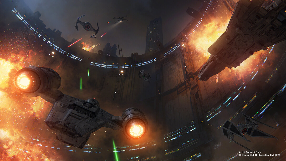 Concept art of the Millennium Falcon flying through Coruscant during the new Smugglers Run mission