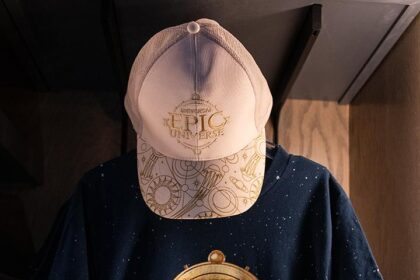 Universal Epic Universe T-shirt merchandise shown in Universal Orlando Resort's official merchandise guide