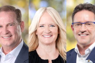 Joe Schott, Natacha Rafalski, and Christophe Murphy in Disney Experiences leadership announcement artwork