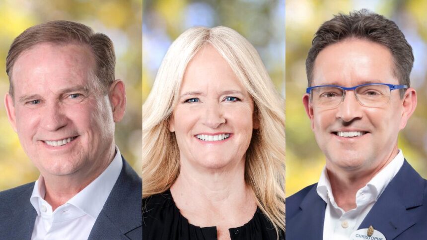 Joe Schott, Natacha Rafalski, and Christophe Murphy in Disney Experiences leadership announcement artwork