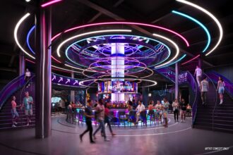 Artist rendering of the two-story bar inside Level99 at Disney Springs.