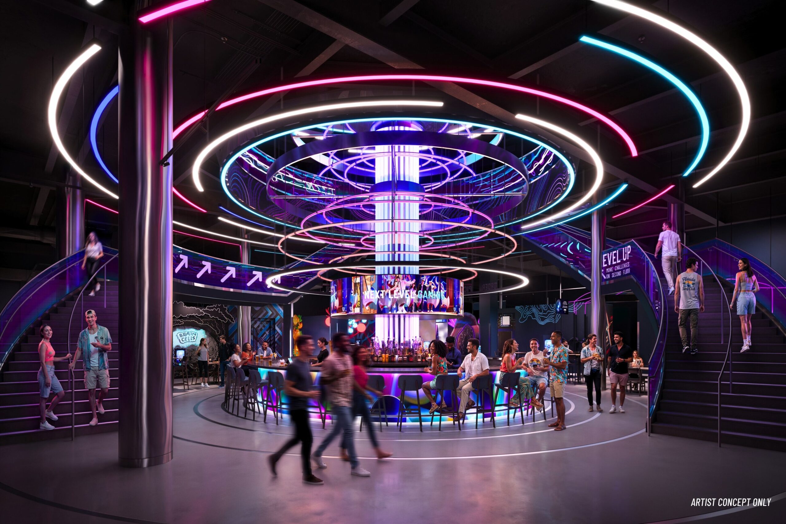 Artist rendering of the two-story bar inside Level99 at Disney Springs.