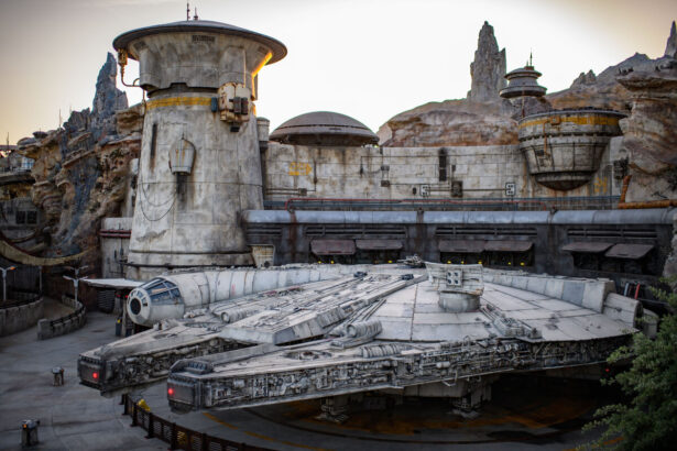 The Millennium Falcon docked in Star Wars Galaxy’s Edge at Disneyland park