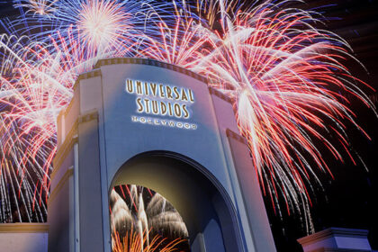 Fireworks over the Universal Studios Hollywood entrance arch