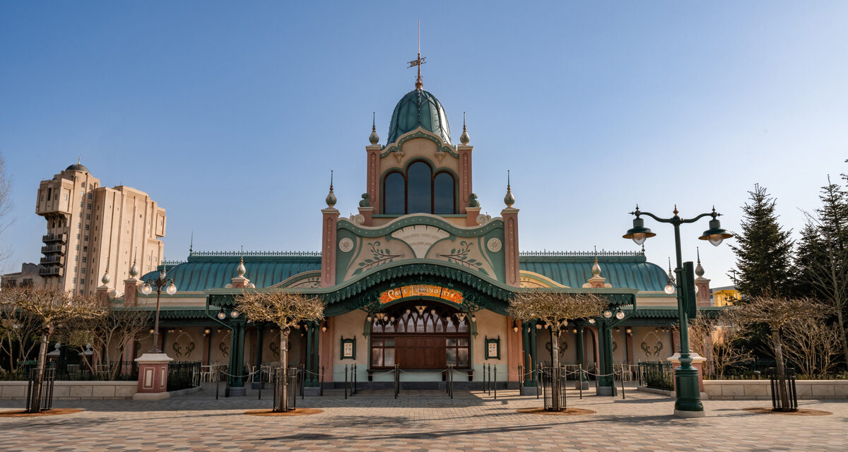 Art Nouveau facade of Cafe Luminosity along Adventure Way at Disney Adventure World