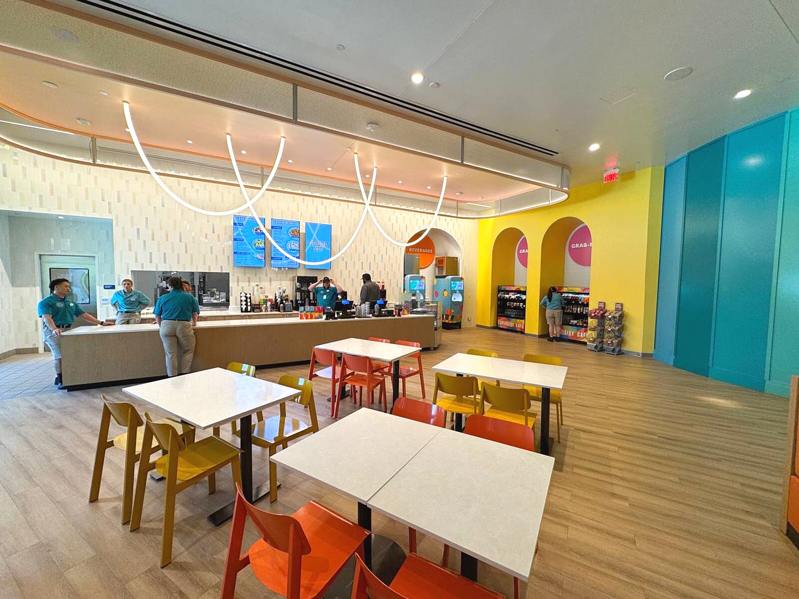 Curiosity Cafe dining room and counter at Universal Kids Resort in Frisco, Texas