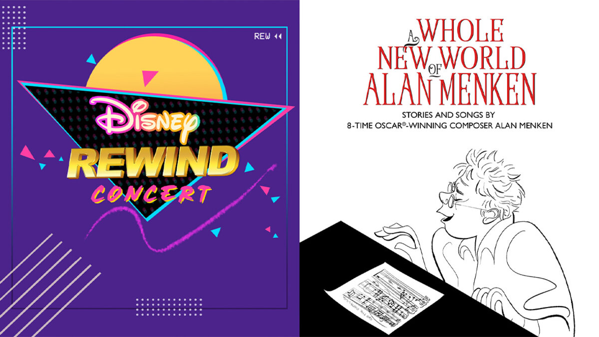 D23 afternoon programming art for Disney Rewind Concert and Alan Menken