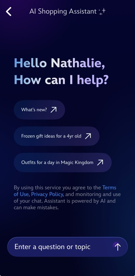 Disney Store AI Personal Shopping Assistant screen in the Disney Store iOS app