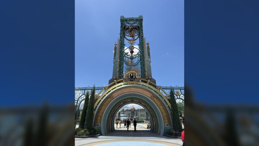 Epic Universe entrance and Chronos tower at Universal Orlando