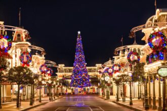 Main Street U.S.A. decorated for Christmas at Walt Disney World