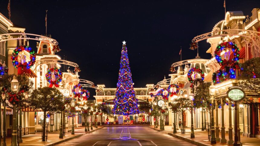 Main Street U.S.A. decorated for Christmas at Walt Disney World