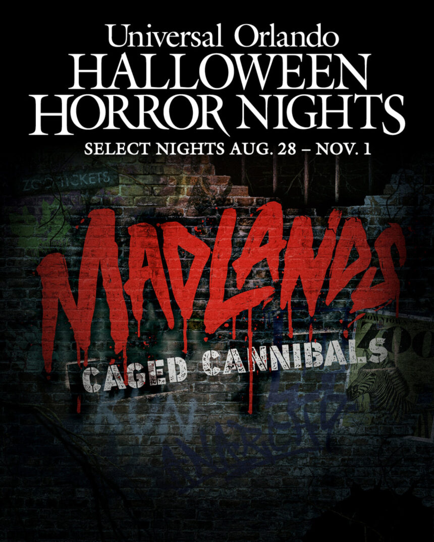 Official Halloween Horror Nights graphic for MADLANDS: Caged Cannibals at Universal Orlando