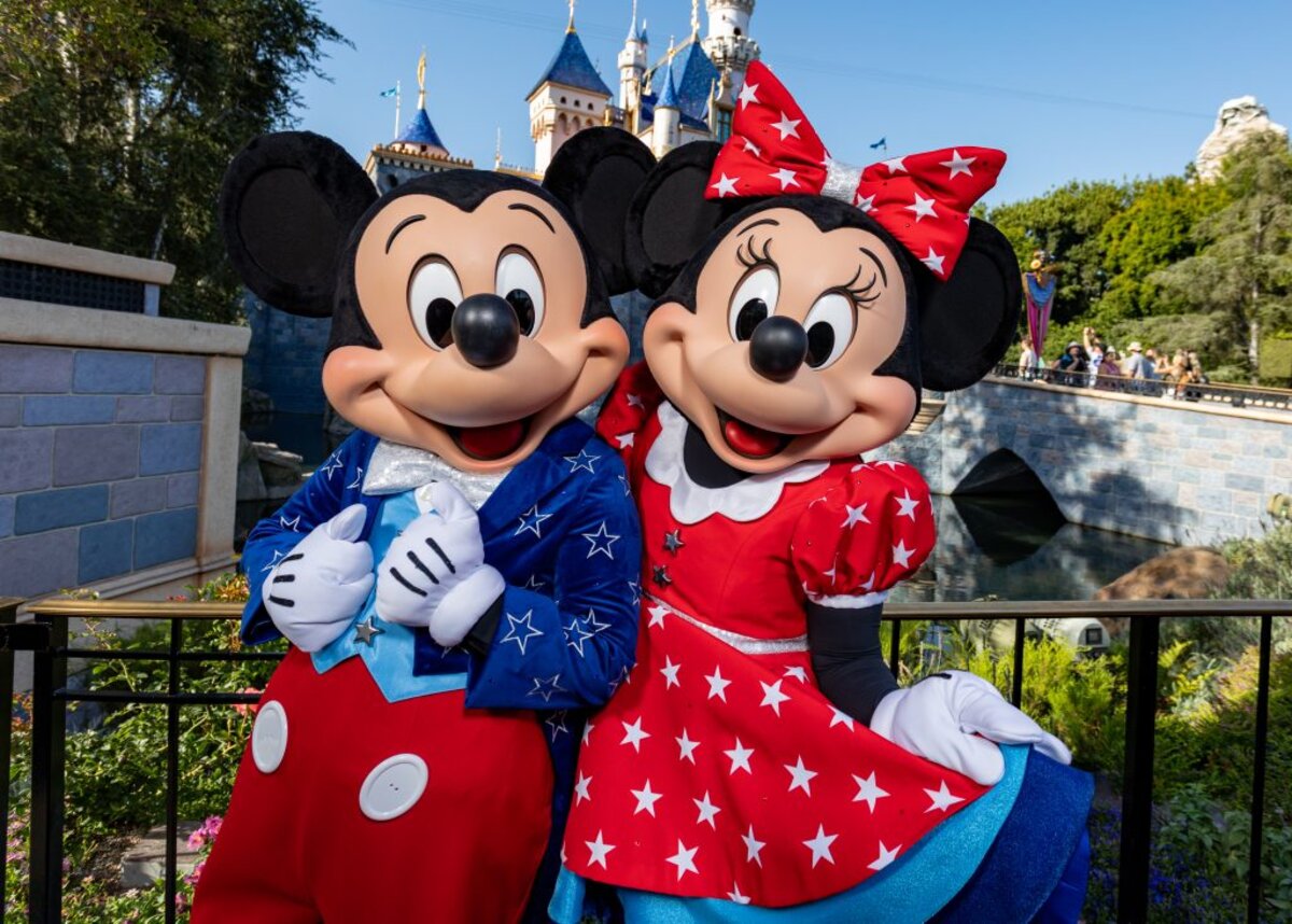 Mickey and Minnie in patriotic attire at Disneyland Resort