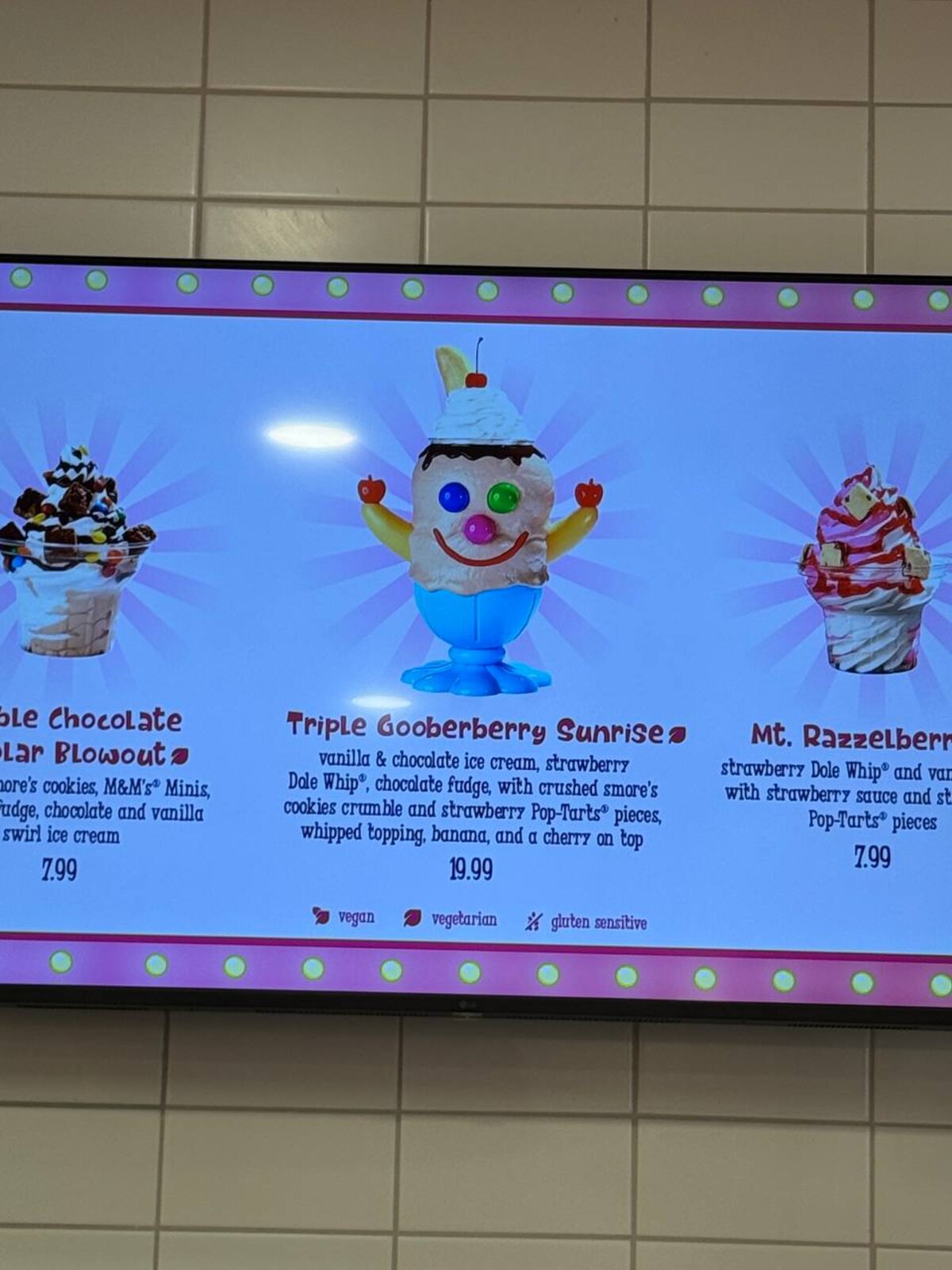 Goofy Goober's menu board listing the Triple Gooberberry Sunrise at $19.99