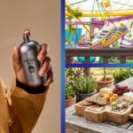A Disney Father's Day gift collage showing The Mandalorian cologne, Toy Story adidas shoes and an R2-D2 cheese board