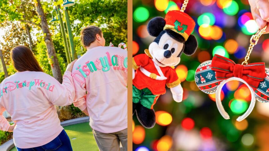Disney holiday merchandise preview with spirit jerseys, Mickey bag charm, and Mickey ear headband