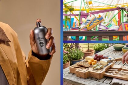 A Disney Father's Day gift collage showing The Mandalorian cologne, Toy Story adidas shoes and an R2-D2 cheese board