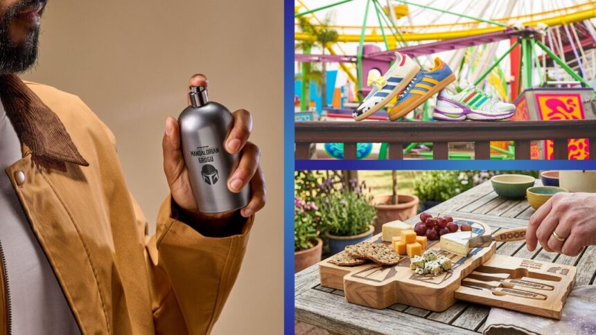 A Disney Father's Day gift collage showing The Mandalorian cologne, Toy Story adidas shoes and an R2-D2 cheese board