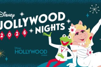 Disney Jollywood Nights 2026 key art with Kermit the Frog and Miss Piggy for Disney’s Hollywood Studios.