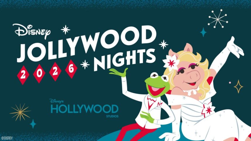 Disney Jollywood Nights 2026 key art with Kermit the Frog and Miss Piggy for Disney’s Hollywood Studios.