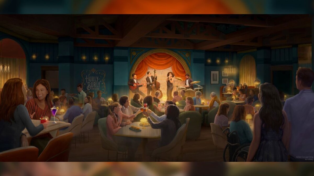 Concept art for the Hurly Burly theater experience at Walt Disney World