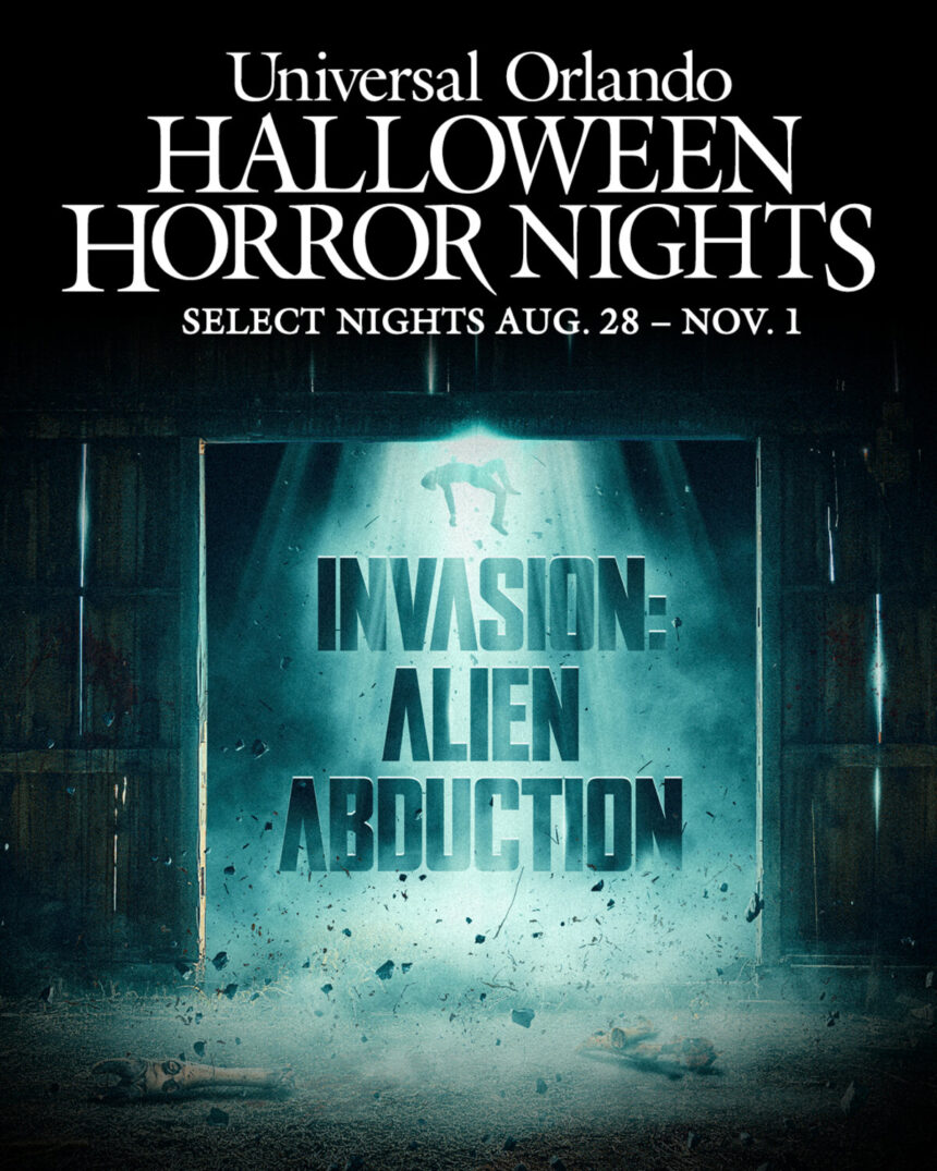 Universal Orlando Halloween Horror Nights INVASION Alien Abduction haunted house artwork for 2026