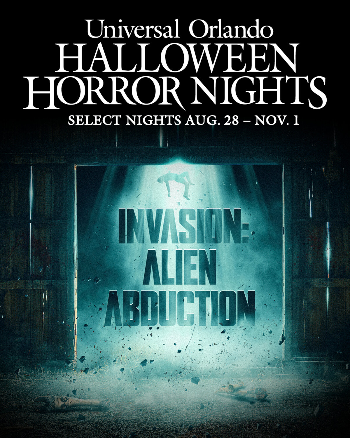 Universal Orlando Halloween Horror Nights INVASION Alien Abduction haunted house artwork for 2026