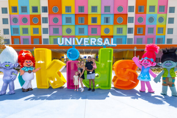 Patrick Mahomes and family with TrollsFest characters at Universal Kids Resort in Frisco Texas