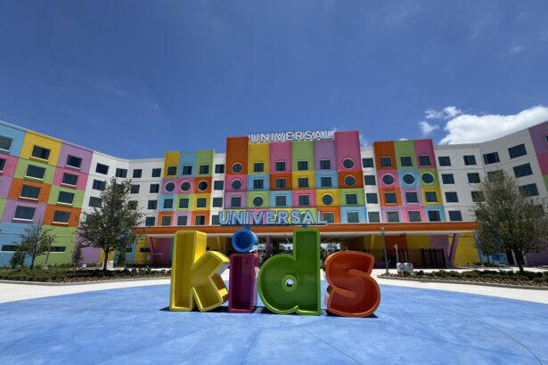 Colorful Universal Kids Resort hotel facade with giant kids letter sculpture in Frisco Texas