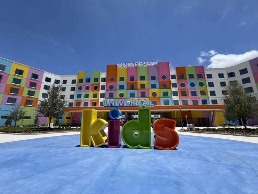 Colorful Universal Kids Resort hotel facade with giant kids letter sculpture in Frisco Texas