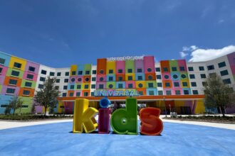 Universal Kids Resort marquee and hotel facade in Frisco, Texas