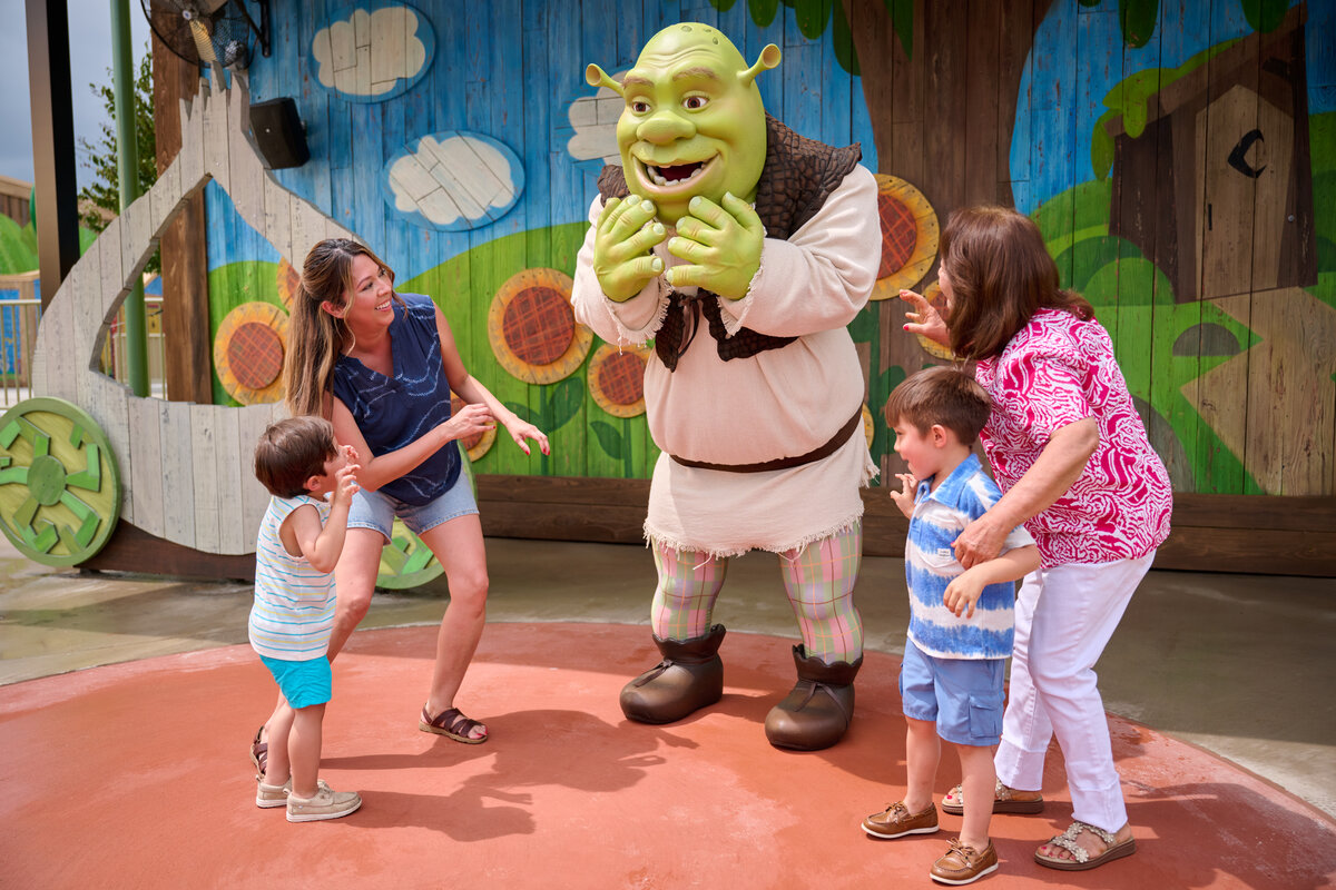 Families meet Shrek in Shrek's Swamp at Universal Kids Resort