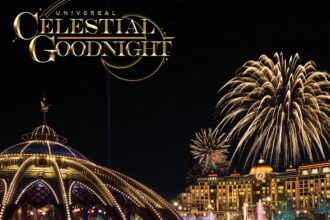 Universal Celestial Goodnight fireworks and fountains over Helios Grand Hotel at Epic Universe