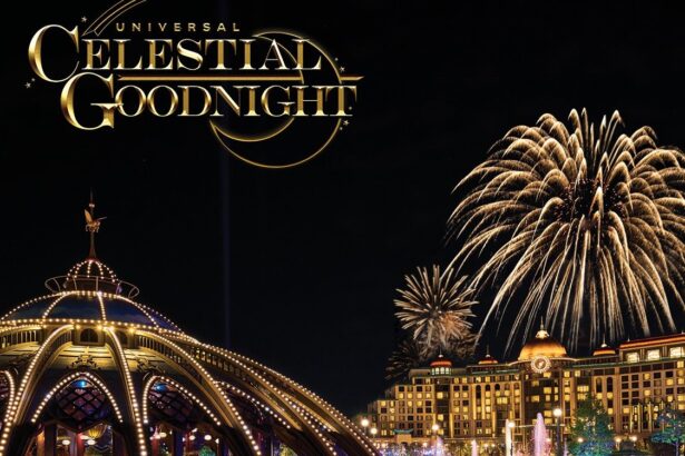 Universal Celestial Goodnight fireworks and fountains over Helios Grand Hotel at Epic Universe