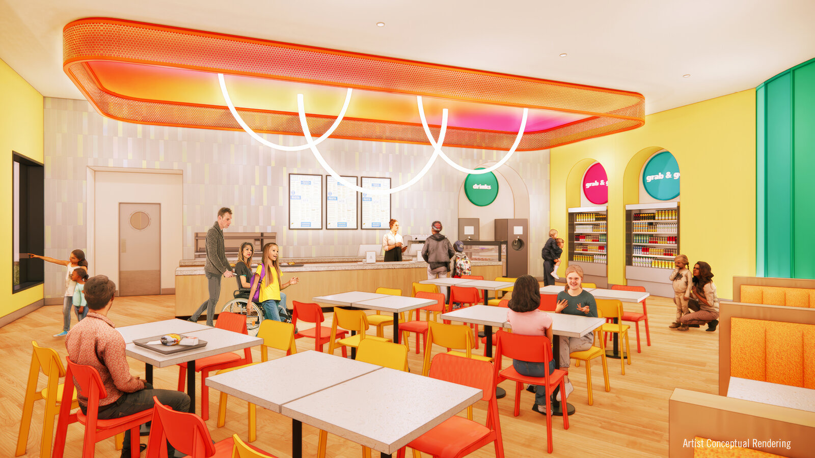 Concept art of the grab and go counter at Curiosity Cafe in Universal Kids Resort Hotel