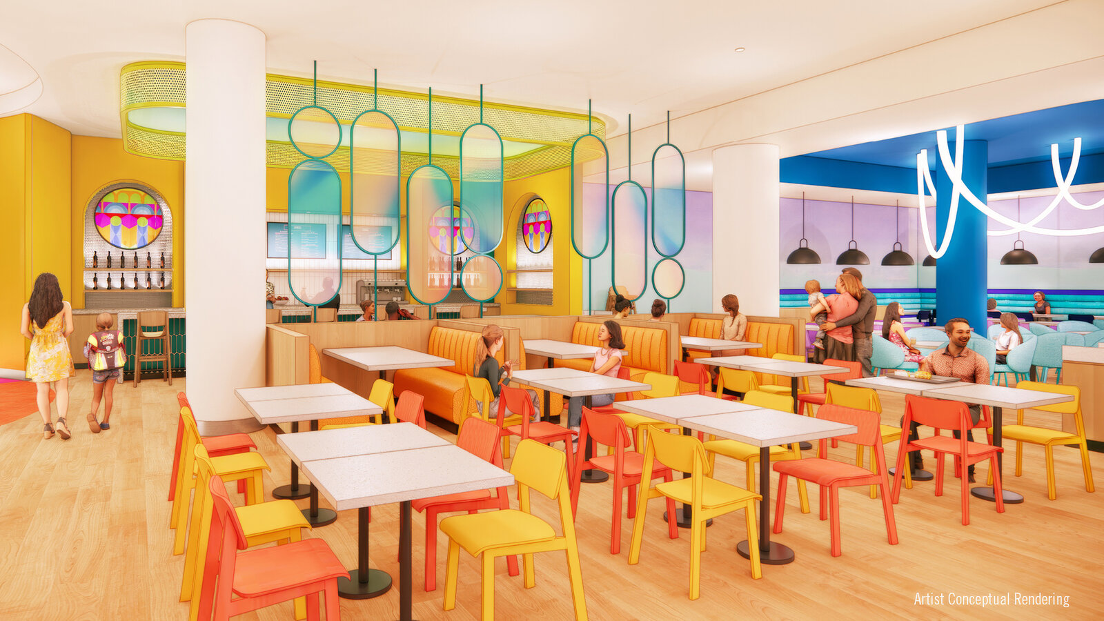 Concept art of the Curiosity Cafe seating area at Universal Kids Resort Hotel